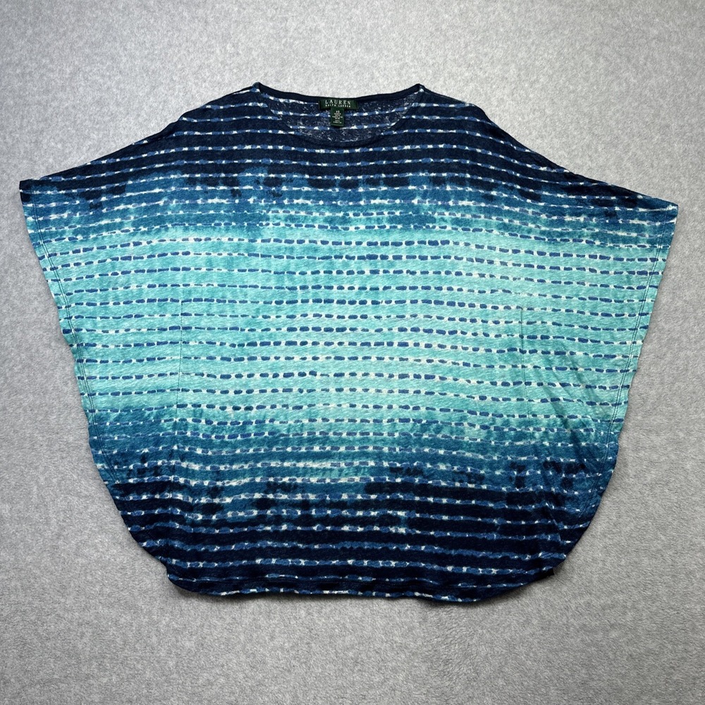 Lauren Ralph Lauren Top XS Blue Tie Dye Linen Poncho Beach Cover Boho Chic Flowy